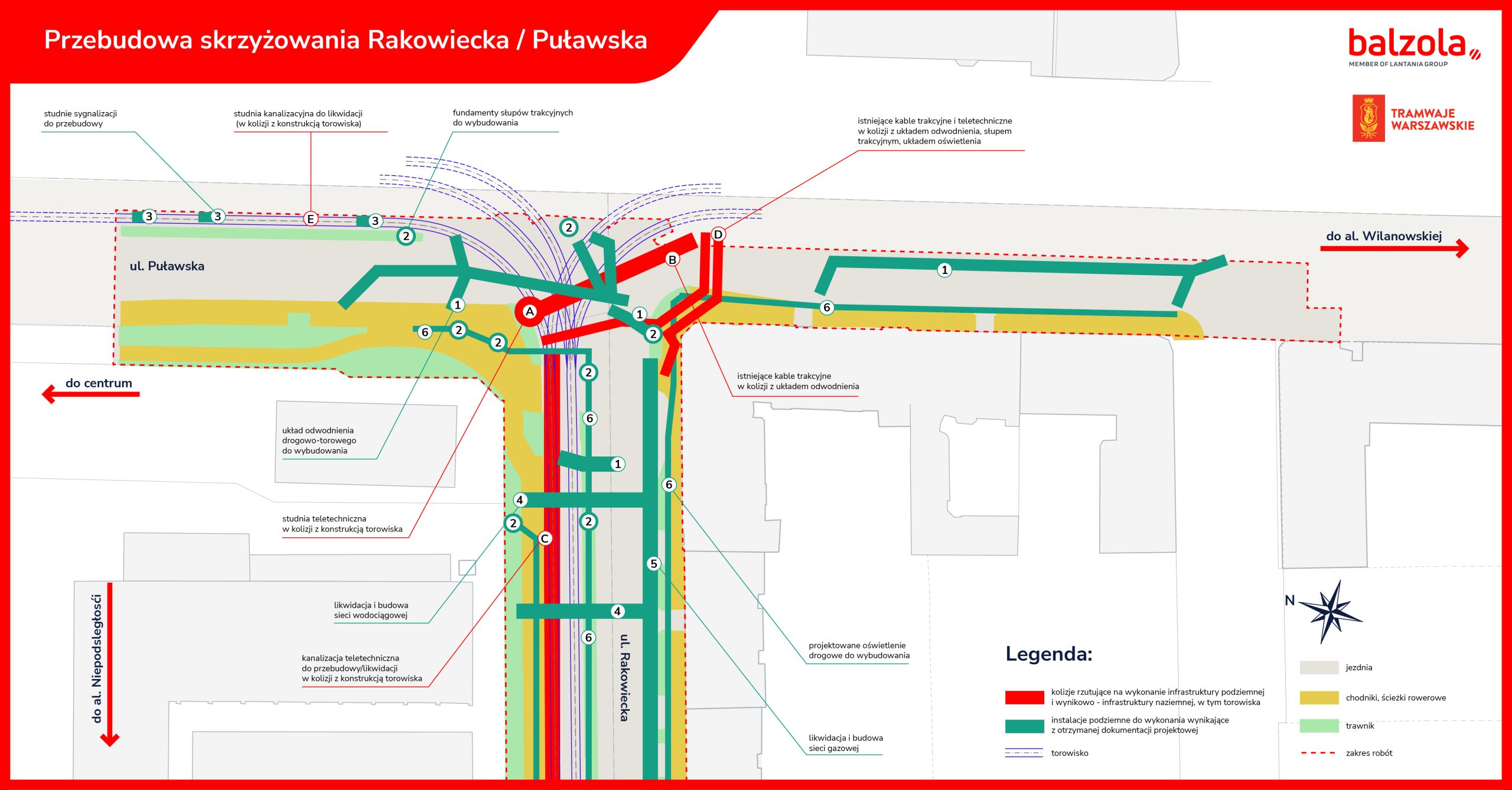 Przebudowa instalacji na skrzyżowaniu Puławska - Rakowiecka. Instalacje w kolizji i nowo zaprojektowane istalacje