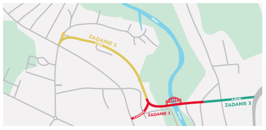 Mapa sytuacyjna pokazująca podział na poszczególne zadania_Budowa mostu i dróg dojazdowych w Krasnymstawie Mapa sytuacyjna pokazująca podział na poszczególne zadania_Budowa mostu i dróg dojazdowych w Krasnymstawie